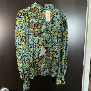 NWT Beautiful teal, yellow and brown high collared ruffle top